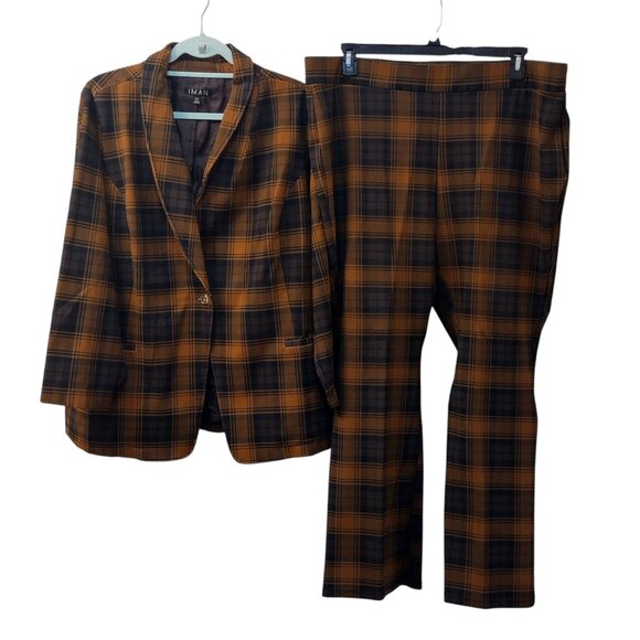 Iman: 2pc Plaid Pantsuit, Size 2X, Brunt Orange, Brown, Black - Picture 3 of 13